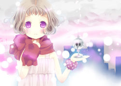 Rule 34 | 1girl, absurdres, blush, brown hair, child, cityscape, dress, face, highres, looking at viewer, original, purple eyes, scarf, shiro (octet), short hair, snow, snowing, solo