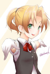 Rule 34 | 1girl, black vest, blonde hair, commentary request, dress shirt, grey eyes, highres, kamijou sadame, kantai collection, maikaze (kancolle), one-hour drawing challenge, outstretched arms, parted bangs, ponytail, red neckwear, school uniform, shirt, short hair, short sleeves, simple background, solo, twitter username, upper body, vest, white background, white shirt