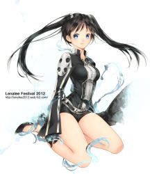Rule 34 | 1girl, bad id, bad pixiv id, black gloves, black hair, blue eyes, blush, breasts, d.gray-man, full body, gloves, kneeling, kyara36, lenalee lee, long hair, long sleeves, looking at viewer, medium breasts, parted lips, simple background, solo, thighs, twintails, watermark, web address, white background