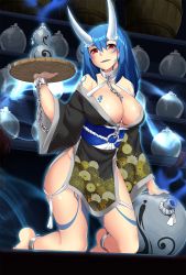 Rule 34 | 1girl, aura, bare shoulders, barefoot, black kimono, blue hair, blush, breasts, chain, cleavage, collar, criss-cross halter, cuffs, eyebrows, facial mark, fang, floral print, full body, gourd, halterneck, halterneck, highres, hitotsuki nebura, holding, holding tray, horns, japanese clothes, kimono, kneeling, large breasts, long hair, long sleeves, looking at viewer, obi, off shoulder, oni, oni horns, original, parted lips, pelvic curtain, red eyes, sake barrel, sash, shackles, shelf, short eyebrows, smile, solo, tattoo, tray, wide sleeves