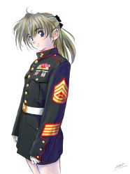 Rule 34 | androgynous, belt, blonde hair, blue eyes, buttons, gender request, gloves, jarhead, light brown hair, medal, military, military uniform, no pants, oofuji reiichirou, pantyhose, ponytail, signature, soldier, solo, uniform, united states marine corps