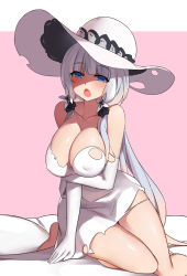 Rule 34 | azur lane, bad id, bad pixiv id, bare shoulders, barefoot, bed, blue eyes, blunt bangs, breast hold, breasts, cleavage, collarbone, covered erect nipples, dress, hat, illustrious (azur lane), large breasts, long hair, looking at viewer, open mouth, simple background, sitting, solo, thighs, torn clothes, torn dress, very long hair, white hair, wide hips, yostxxx