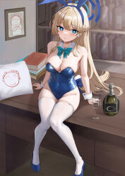 Rule 34 | 1girl, absurdres, animal ears, doodle sensei (blue archive), bare shoulders, blonde hair, blue archive, blue bow, blue eyes, blue hairband, blue leotard, book, bottle, bow, bowtie, braid, breasts, closed mouth, cup, cushion, desk, detached collar, drinking glass, earpiece, fake animal ears, full body, hairband, halo, heart, heart-shaped pupils, high heels, highleg, highleg leotard, highres, krm (user paff3275), leotard, long hair, looking at viewer, medium breasts, official alternate costume, official alternate hairstyle, on desk, picture frame, playboy bunny, rabbit ears, sensei (blue archive), shelf, sitting, solo, symbol-shaped pupils, thighhighs, thighs, toki (blue archive), toki (bunny) (blue archive), very long hair, white thighhighs, wrist cuffs