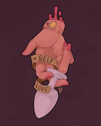 Rule 34 | 1other, artist logo, blood, brown background, butt plug, disembodied limb, emmanuel viola, english text, fingernails, hand focus, heart sticker, holding, italian commentary, nail polish, original, pink nails, ribbon, severed hand, sex toy, solo, sticker on arm, yellow ribbon