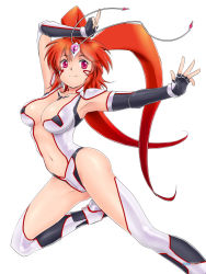 Rule 34 | 1girl, armpits, asuka (hengen sennin asuka), bodysuit, breasts, brown hair, center opening, cleavage, elbow gloves, fingerless gloves, gloves, hengen sennin asuka, highres, large breasts, light smile, long hair, navel, outstretched arm, pink eyes, red hair, science fiction, shiny skin, simple background, solo, thighhighs, twintails, white background, yagisaka seto