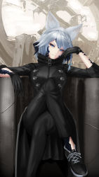 Rule 34 | 1girl, absurdres, animal ears, au ra, warrior of light (ff14), black gloves, blue eyes, commission, crossed legs, dragon horns, fake animal ears, final fantasy, final fantasy xiv, gloves, grey hair, high collar, highres, horns, looking at viewer, nier:automata, nier (series), pixiv commission, scales, short hair, sitting, smile, solo, wolf ears, zeri (zeristudio)