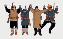 Rule 34 | 4boys, ammunition pouch, arms up, bags under eyes, beard, belt, belt pouch, black eyes, black footwear, black hair, black pants, blue coat, boots, brown belt, brown coat, brown footwear, brown vest, buttons, clenched hands, closed mouth, coat, commentary request, dark-skinned male, dark skin, double-breasted, expressionless, facial hair, full body, golden kamuy, grey background, gun, half-closed eyes, hand grab, hashira (muuwkttz), hat, highres, in the face, jumping, kepi, kicking, knee boots, koito otonoshin, leg warmers, leg wrap, lineup, long sleeves, looking at another, looking to the side, male focus, military coat, military hat, military uniform, multiple boys, orange scarf, outstretched arm, over shoulder, pants, pouch, rifle, rivalry, saber (weapon), scar, scar on face, scarf, sheath, sheathed, shoes, short hair, shoulder boards, simple background, slapping, standing, striped clothes, striped scarf, sugimoto saichi, sword, tanigaki genjirou, tsukishima hajime, uniform, vest, weapon, weapon over shoulder