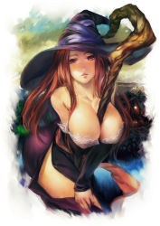 Rule 34 | 1girl, bad id, bad pixiv id, bare shoulders, between breasts, breasts, cleavage, detached sleeves, dragon&#039;s crown, dress, grass, hat, house, large breasts, long hair, mountain, red eyes, red hair, side slit, simosi, solo, sorceress (dragon&#039;s crown), staff, strapless, strapless dress, witch hat