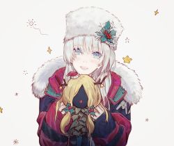 Rule 34 | 1girl, anastasia (fate), anastasia (shvibzik snow) (fate), bad id, bad pixiv id, blue eyes, coat, csyday, doll, fate/grand order, fate (series), flower, fur-trimmed coat, fur hat, fur trim, grey hair, hat, hat flower, hat ornament, highres, holding, holding doll, holly, holly hat ornament, looking at viewer, sleeves past wrists, solo, ushanka, viy (fate), white hair