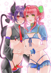 Rule 34 | 2boys, absurdres, blush, bulge, closed mouth, demon girl, demon tail, frown, hair between eyes, heart, highres, holding hands, horns, long hair, looking at viewer, multiple boys, necktie, ojo ysm29, open mouth, original, penis, pink hair, ponytail, purple hair, red eyes, short hair, smile, tail, testicles, trap, yellow eyes