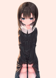 Rule 34 | 1girl, black hair, blush, brown background, closed mouth, clothes lift, collarbone, collared dress, commentary request, dosu (yodosu), dress, dress lift, grey eyes, hair between eyes, highres, lifted by self, long sleeves, looking at viewer, original, over-kneehighs, simple background, skindentation, sleeves past wrists, solo, thighhighs, v-shaped eyebrows, white thighhighs
