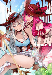 Rule 34 | 2girls, absurdres, bare shoulders, bikini, black bikini, black bow, blue eyes, blue one-piece swimsuit, blue sky, blush, bow, braid, breasts, cleavage, collarbone, baobhan sith (fate), fate/grand order, fate (series), french braid, grey eyes, grey hair, hair bow, hat, highres, large breasts, leaning forward, long hair, morgan le fay (fate), multiple girls, one-piece swimsuit, open mouth, pink hair, pointy ears, ponytail, sarong, sidelocks, sitting, sky, smile, straw hat, swimsuit, tandem, thighs, two-tone swimsuit, very long hair