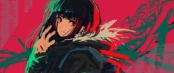 Rule 34 | 1girl, black hair, black jacket, closed mouth, cogecha, from side, highres, jacket, long hair, long sleeves, original, red background, red eyes, simple background, smile, solo, tagme, upper body
