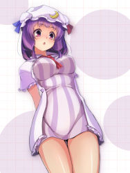 Rule 34 | 1girl, :&lt;, alternate hair length, alternate hairstyle, arms behind back, bad id, bad pixiv id, blue ribbon, blush, breasts, crescent, crescent hair ornament, double bun, dress, frilled sleeves, frills, hair bun, hair ornament, hair ribbon, hat, highres, large breasts, long hair, looking down, mob cap, nekomiyanono, open mouth, patchouli knowledge, purple eyes, purple hair, red ribbon, ribbon, short dress, short sleeves, solo, striped clothes, striped dress, thighs, touhou, tress ribbon, triangle mouth, vertical-striped clothes, vertical-striped dress
