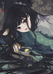 Rule 34 | 1girl, alcohol, black eyes, black hair, cloud, commentary request, cup, floral print, flower, frilled kimono, frills, green kimono, hair bun, hair flower, hair ornament, highres, japanese clothes, kimono, light blush, long hair, long sleeves, looking at viewer, lying, moon, on stomach, original, parted lips, print kimono, reflection, revision, sakazuki, sake, seal impression, signature, single hair bun, solo, star (sky), upper body, ushiyama ame, very long hair, white kimono, whorled clouds, wide sleeves
