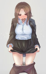 Rule 34 | 1girl, absurdres, black jacket, black pantyhose, black skirt, blush, braid, breasts, brown eyes, brown hair, buttons, clothes lift, clothes pull, collared shirt, embarrassed, female focus, formal, grey background, hair intakes, highres, jacket, large breasts, lifting own clothes, long hair, long sleeves, looking down, miniskirt, nose blush, office lady, open clothes, open jacket, open mouth, original, panties, panty pull, pantyhose, pantyhose pull, pee, peeing, peeing self, pencil skirt, shirt, shirt tucked in, sidelocks, simple background, skirt, skirt lift, skirt suit, solo, standing, suit, sweat, tears, teeth, tongue, underwear, v-shaped eyebrows, watakarashi, wet, wet clothes, wet panties, white panties