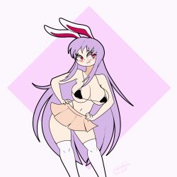 Rule 34 | 1girl, animated, animated gif, bikini, blush, bouncing breasts, breasts, female focus, highres, large breasts, looking at viewer, purple hair, rabbit ears, rabbit girl, red eyes, reisen udongein inaba, skirt, solo, standing, swimsuit, thighhighs, thong, topless, touhou, white thighhighs, zedrin