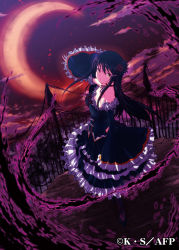 Rule 34 | 1girl, ange vierge, bare shoulders, black dress, black hair, character request, choker, crescent moon, detached sleeves, dress, fence, flower, frilled dress, frilled sleeves, frills, full body, gothic lolita, hair flower, hair ornament, hairclip, highres, lolita fashion, long hair, long sleeves, looking at viewer, looking back, moon, night, off-shoulder dress, off shoulder, official art, outstretched arms, pinstripe pattern, red rose, rose, sawano akira, smile, solo, standing, striped, wide sleeves, yellow eyes