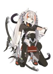 Rule 34 | 1girl, arrow (projectile), bow (weapon), breasts, character request, copyright request, full body, gloves, headgear, highres, holding, holding arrow, holding bow (weapon), holding weapon, horns, long hair, looking at viewer, multicolored hair, ningen (ningen96), oni horns, orange eyes, quiver, small breasts, smile, solo, streaked hair, twintails, weapon, white hair