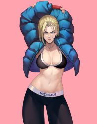 Rule 34 | 1girl, arms behind head, artist name, black sports bra, blonde hair, blue coat, blue eyes, breasts, cammy white, coat, commentary, english commentary, fingerless gloves, gloves, lips, long bangs, looking at viewer, medium breasts, meziosaur, pink background, puffy coat, red gloves, short hair, solo, spandex, sports bra, street fighter, street fighter 6, upper body, v-shaped eyebrows
