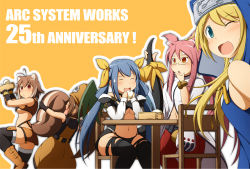 Rule 34 | 1boy, 4girls, ^ ^, animal ears, anniversary, antenna hair, aqua eyes, arc system works, black legwear, blazblue, blonde hair, blue hair, blush, boots, breasts, bridget (guilty gear), brown hair, cat ears, cat tail, chair, closed eyes, company connection, company name, dizzy (guilty gear), food, glasses, guilty gear, guilty gear xx, hair ribbon, hat, highres, hugging another&#039;s tail, hugging tail, kokonoe (blazblue), long hair, looking at viewer, makoto nanaya, may (guilty gear), mirano, multiple girls, navel, nun, odd one out, one eye closed, open mouth, orange background, pants, pink hair, pirate hat, red eyes, red pants, ribbon, short hair, sitting, squirrel ears, squirrel tail, table, tail, tail ornament, tail ribbon, thighhighs, trap, twintails, underboob, wink