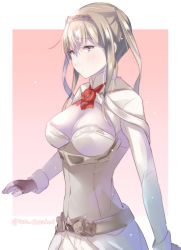 Rule 34 | 1girl, ark royal (kancolle), ark royal (kancolle) (cosplay), bad id, bad pixiv id, blonde hair, blush, border, breasts, character request, cleavage, closed mouth, commentary request, corset, cosplay, framed breasts, graf zeppelin (kancolle), hair between eyes, juurouta, kantai collection, large breasts, light frown, long hair, looking at viewer, outside border, solo, twitter username, white border