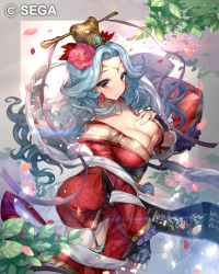 Rule 34 | 1girl, aqua hair, breasts, brown eyes, character request, cleavage, closed mouth, company name, copyright notice, dress, earrings, fingerless gloves, floating hair, flower, garter straps, gloves, hair flower, hair ornament, hand on own chest, hitowa, jewelry, large breasts, long hair, official art, petals, sega, smile, solo
