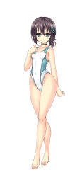 Rule 34 | 1girl, alternate costume, black hair, blue eyes, blush, breasts, character request, collar, collarbone, commentary request, competition swimsuit, full body, hair between eyes, hair ornament, highres, hizuki aki, medium hair, one-piece swimsuit, original, small breasts, solo, standing, swimsuit, thighs, white background
