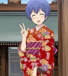 Rule 34 | 1girl, amatsuki michiru, blue hair, blush, closed eyes, day, dot nose, entrance, female focus, flower, highres, japanese clothes, kimono, open mouth, outdoors, short hair, solo, standing, stitched, takunomi., teeth, temple, third-party edit, w, yukata