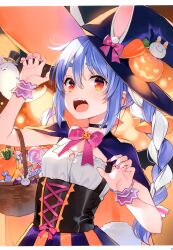 Rule 34 | 1girl, absurdres, animal ears, basket, blue hair, braid, candy, capelet, carrot hair ornament, choker, don-chan (usada pekora), fangs, fingernails, flat chest, food, food-themed hair ornament, hair ornament, halloween costume, hands up, hat, highres, holding, hololive, lips, long hair, looking at viewer, mini wings, multicolored hair, nail polish, open mouth, orange eyes, orange hair, pumpkin, rabbit tail, ribbon, scan, simple background, striped, tail, twin braids, twintails, two-tone hair, upper body, usada pekora, vertical stripes, virtual youtuber, white hair, wings, witch, witch hat, wrist cuffs, yuuki hagure