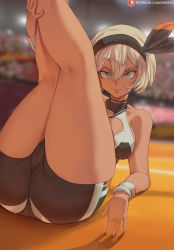 Rule 34 | 1girl, ass, bea (pokemon), blue eyes, cameltoe, cleavage cutout, cleft of venus, clothing cutout, creatures (company), dark-skinned female, dark skin, female focus, game freak, hair between eyes, highres, light smile, looking at viewer, nintendo, pokemon, pokemon swsh, shexyo, short hair, short shorts, shorts, silver hair, smile, solo, thighs, toned