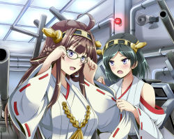 Rule 34 | 10s, 2girls, :d, bare shoulders, bespectacled, black hair, blue eyes, blush, borrowed clothes, breasts, brown hair, cannon, detached sleeves, double bun, unworn eyewear, eyewear switch, glasses, green-framed eyewear, hair bun, hair ornament, hairband, headgear, inoshira, japanese clothes, kantai collection, kirishima (kancolle), kongou (kancolle), large breasts, long hair, multiple girls, nontraditional miko, open mouth, personification, ribbon-trimmed sleeves, ribbon trim, short hair, skirt, smile, turret