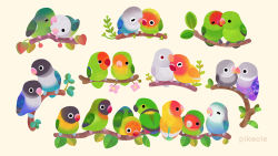 Rule 34 | animal, animal focus, artist name, beak, bird, black eyes, branch, closed mouth, commentary, couple, english commentary, closed eyes, happy, leaf, lovebird, no humans, nuzzle, open mouth, original, parrot, pikaole, simple background, solid circle eyes, watermark, white background, yellow eyes