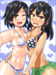 Rule 34 | 10s, 2girls, alternate costume, bare shoulders, bikini, black hair, blush, breast press, breasts, collarbone, eyebrows, fang, hair ornament, hairclip, hand on another&#039;s hip, heart, highres, kantai collection, kuroshio (kancolle), long hair, mashio, medium breasts, multiple girls, navel, one eye closed, open mouth, oyashio (kancolle), polka dot, polka dot bikini, short hair, swimsuit, symmetrical docking, tan, thick eyebrows, tongue, twitter username, yellow eyes