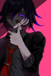 Rule 34 | 1boy, absurdres, alternate costume, black hair, black jacket, blood, blood on face, commentary request, danganronpa (series), danganronpa v3: killing harmony, fingernails, grey shirt, hair over one eye, highres, jacket, joh pierrot, long sleeves, looking at viewer, male focus, necktie, oma kokichi, pink background, purple eyes, purple hair, red necktie, sharp fingernails, shirt, short hair, signature, smile, solo, thumbs up, tie clip, upper body