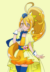 Rule 34 | 10s, 1girl, ahoge, blue scarf, blue thighhighs, bubble skirt, cure etoile, dress, garrison cap, hair ornament, hat, hugtto! precure, kagayaki homare, long hair, looking at viewer, magical girl, mini hat, orange dress, orange eyes, orange hair, ponytail, precure, scarf, shawl, simple background, skirt, smile, solo, star (symbol), star hair ornament, thighhighs, venuscho, wrist cuffs, yellow background, yellow theme, zettai ryouiki