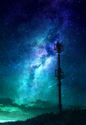 Rule 34 | cloud, commentary request, highres, hill, milky way, mks, night, night sky, no humans, original, outdoors, scenery, shooting star, sky, star (sky), starry sky, tower