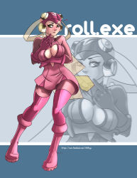 Rule 34 | 00s, 1girl, alternate breast size, blush, boots, breast hold, breasts, capcom, character name, cleavage cutout, clothing cutout, dress, eyelashes, gloves, green eyes, helmet, highres, itt0ryu, large breasts, lips, mega man (series), mega man battle network, mega man battle network (series), miniskirt, pink footwear, pink gloves, pink thighhighs, roll.exe (mega man), short dress, skirt, solo, thighhighs, watermark, web address, zoom layer