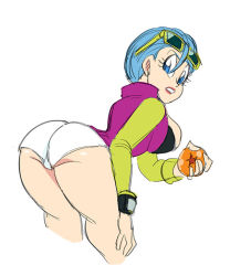 Rule 34 | 10s, 1girl, ass, ball, bent over, blue eyes, blue hair, breasts, bulma, cameltoe, dragon ball, dragon ball (object), dragon ball super, female focus, funsexydragonball, glasses, legs, lipstick, looking back, makeup, thighs