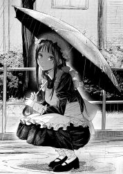 Rule 34 | 1girl, absurdres, akiyama mio, apron, commentary request, fence, greyscale, highres, holding, holding umbrella, inkdaisuki, k-on!, long hair, long sleeves, looking at viewer, maid, maid apron, monochrome, outdoors, puffy long sleeves, puffy sleeves, rain, shoes, sidelocks, socks, solo, squatting, umbrella