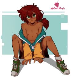 Rule 34 | 1girl, bare legs, breasts, brown shorts, clothes pull, collarbone, commentary, dark-skinned female, dark skin, english commentary, freckles, full body, green eyes, green footwear, hair between eyes, heart, heart-shaped pupils, highres, jacket, jacket pull, long hair, long sleeves, looking at viewer, low ponytail, mal (malberrybush), malberrybush, navel, nipples, off shoulder, open clothes, open jacket, original, red hair, shoes, shorts, simple background, sitting, small breasts, smile, sneakers, solo, symbol-shaped pupils