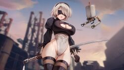 Rule 34 | 1boy, 1girl, 2b (nier:automata), absurdres, black blindfold, black dress, black gloves, black hairband, blindfold, breasts, cleavage, cleavage cutout, clothing cutout, curvy, dress, foxyreine, gloves, hairband, highleg, highleg leotard, highres, holding, holding sword, holding weapon, large breasts, leotard, long sleeves, mole, mole under mouth, nier:automata, nier (series), pod (nier:automata), puffy sleeves, shiny skin, short hair, sky, solo, sword, thighhighs, thong leotard, weapon, white hair, white leotard, wide hips