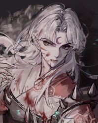 Rule 34 | 1boy, armor, blood, blood on clothes, closed mouth, crescent, facial mark, forehead mark, fur, highres, inuyasha, japanese clothes, long hair, male focus, pointy ears, sesshoumaru, solo, upper body, very long hair, white hair, yellow eyes, zhouge981