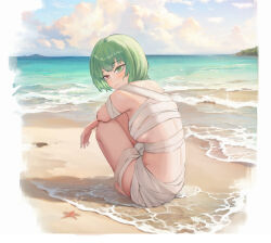 Rule 34 | 1girl, absurdres, ar0 (user zmza5884), bandaged arm, bandaged chest, bandages, barefoot, beach, blush, breasts, cloud, day, eto (tokyo ghoul), green eyes, green hair, highres, looking at viewer, looking to the side, medium breasts, naked bandage, ocean, outdoors, short hair, sitting, solo, tokyo ghoul, tokyo ghoul:re, water