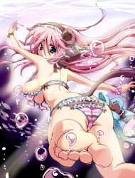 Rule 34 | 1girl, animal ears, ass, barefoot, bikini, blue eyes, breasts, bubble, feet, fish, freediving, futaba channel, highres, holding breath, horns, huge breasts, long hair, looking at viewer, monster girl, nijiura maids, pink hair, poruneko, soles, solo, striped bikini, striped clothes, swimming, swimsuit, tail, toes, toutetsu, underwater, water