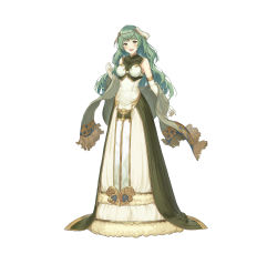 Rule 34 | 1girl, absurdres, bare shoulders, blush, breasts, commentary request, dress, elbow gloves, fire emblem, fire emblem echoes: shadows of valentia, fire emblem heroes, full body, fur trim, gloves, green eyes, green hair, hair ornament, hand up, haru (hiyori-kohal), head tilt, highres, long dress, looking at viewer, medium breasts, nintendo, official art, open mouth, simple background, sleeveless, smile, solo, standing, tatiana (fire emblem), white background, white gloves