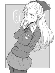 Rule 34 | ..., 1girl, absurdres, assam (girls und panzer), border, dress shirt, dutch angle, emblem, girls und panzer, grey background, greyscale, hair pulled back, hair ribbon, hand on own chin, highres, leaning back, long hair, long sleeves, looking to the side, miniskirt, monochrome, necktie, outside border, pantyhose, pleated skirt, renshiu, ribbon, school uniform, shirt, simple background, skirt, solo, spoken ellipsis, st. gloriana&#039;s school uniform, standing, sweater, thinking, v-neck, wing collar