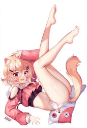 Rule 34 | 1girl, ahoge, animal ear fluff, animal ears, arm up, ass, bad id, bad twitter id, bare legs, bare shoulders, barefoot, blonde hair, cat ears, cat tail, clothing cutout, commentary, crop top, facial mark, fangs, hair ornament, hairclip, highres, indie virtual youtuber, legs up, looking at viewer, midriff, open mouth, pink shirt, shirt, short hair, short shorts, shorts, shoulder cutout, shyrei faolan, side slit, simple background, solo, squchan, stomach, tail, virtual youtuber, whisker markings, white background, white shorts, yellow eyes