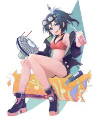 Rule 34 | 1girl, black choker, black jacket, blue eyes, blue hair, boots, bottle, brh, choker, collarbone, crop top, cup, cutoffs, drinking straw, electric fan, fish, food, food on face, goggles, goggles on head, hair between eyes, hand on own knee, high heel boots, high heels, holding, holding cup, invisible chair, jacket, long sleeves, navel, off shoulder, open clothes, open jacket, open mouth, original, ponytail, red shirt, sharp teeth, shirt, short-sleeved jacket, short shorts, short sleeves, shorts, sitting, snorkel, solo, stomach, teeth, upper teeth only, white background