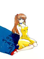 Rule 34 | 1girl, absurdres, artist request, bare legs, bare shoulders, barefoot, blue eyes, breasts, brown hair, character name, choker, cleavage, dress, full body, highres, interface headset, long hair, looking at viewer, marker (medium), medium breasts, neon genesis evangelion, sitting, smile, solo, souryuu asuka langley, sundress, traditional media, two side up, yellow dress